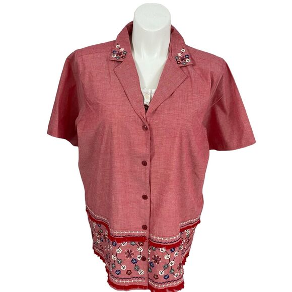 Bobbie Brooks Shirt Womens Size 20W Red 2X Embroidered Floral Work Office Casual - Picture 16 of 16